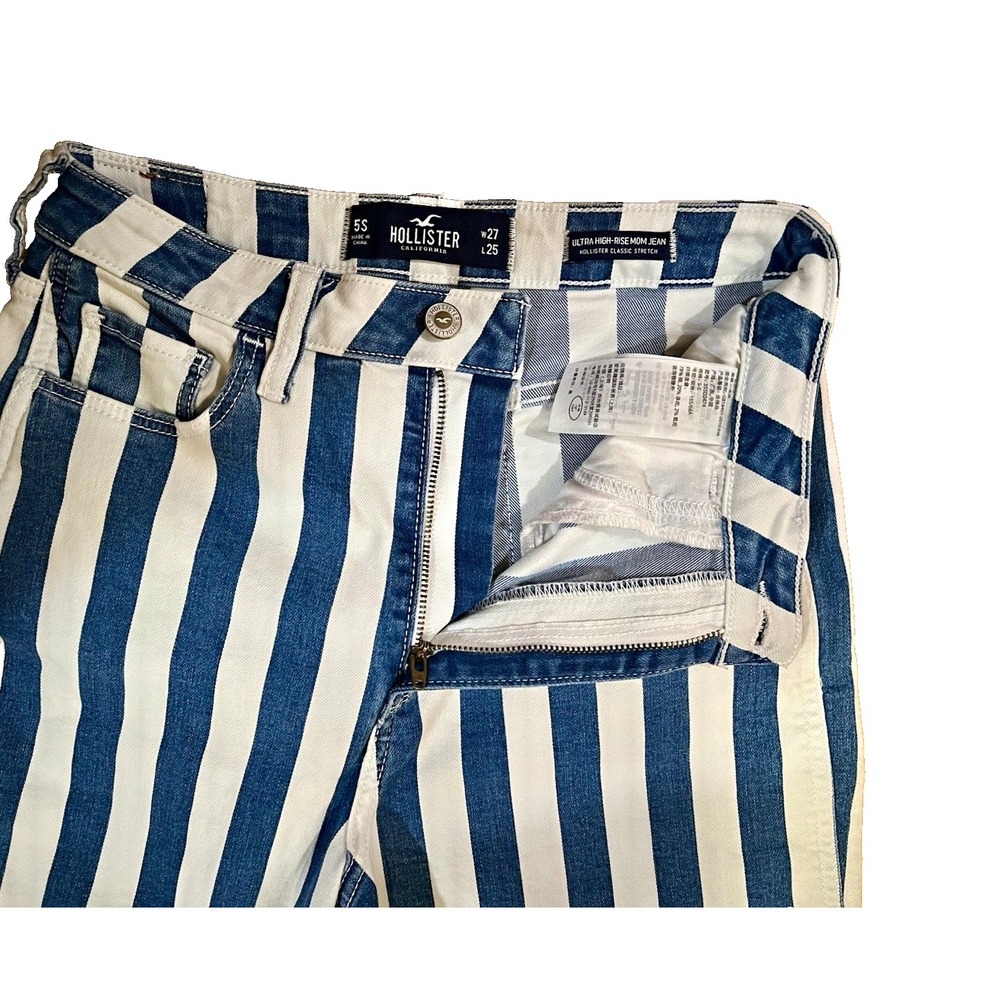 Y2K Hollister Women’s 27 High Rise Mom Jeans Blue/White Striped Stretch 27”x25”